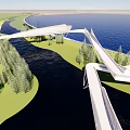 Modern Architectural Bridge Spanning Water With Green Space Trees And Buildings