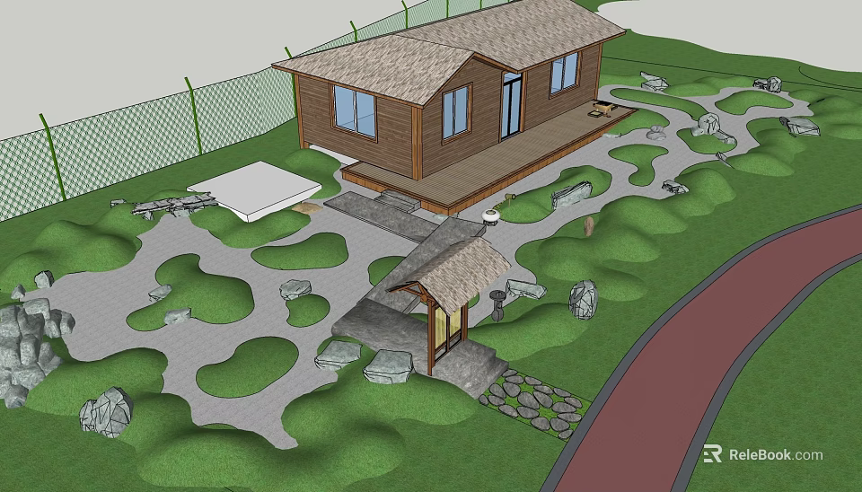 Serene Courtyard Garden Featuring Wooden House Lawn Stone Path And Gazebo 3d model 