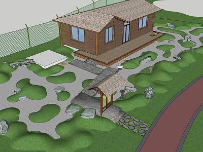 Serene Courtyard Garden Featuring Wooden House Lawn Stone Path And Gazebo 3d model