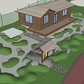 Serene Courtyard Garden Featuring Wooden House Lawn Stone Path And Gazebo