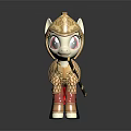 Decorative Pony Figure Wearing Golden Armor With Red Accents Holding Spear On Shiny Black Surface