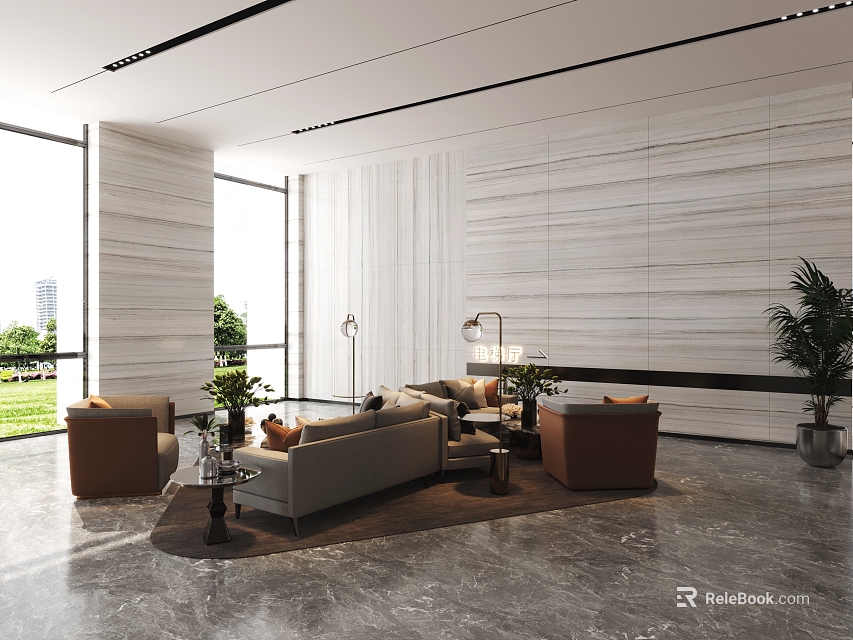 Modern Lounge Area Featuring Large Windows Green Views Marble Walls Floors Sofas And Plants 3d model 