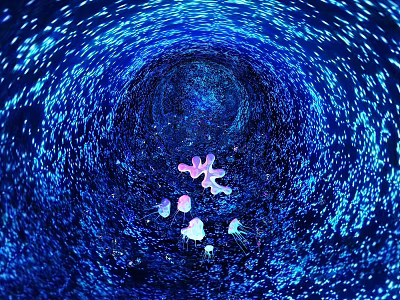 Blue Glowing Tunnel Space With Floating Pink And White Jellyfish Like Objects 3d model