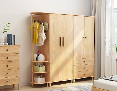 Modern Wooden Wardrobe With Hanging Area Shelves Drawers And Storage Boxes 3d model