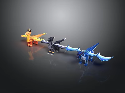 Colorful Pixel Dragon Group Pixel Dragon Orange Dragon Black Dragon Blue Dragon Fantasy Creatures 3d model