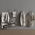 Neutral Soft Cotton Bath Towels and Robes on Wooden Shelves in Bathroom