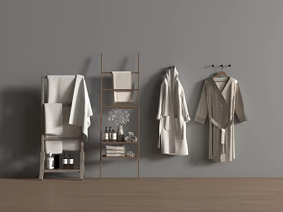 Neutral Soft Cotton Bath Towels and Robes on Wooden Shelves in Bathroom 3d model