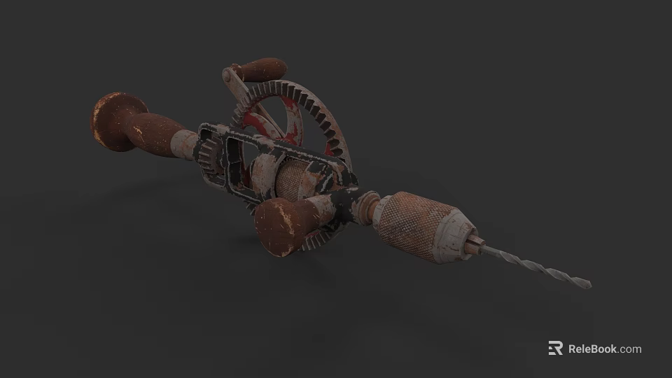 Vintage Rusty Hardware Drill Tool With Gear And Metal Bit Components 3d model