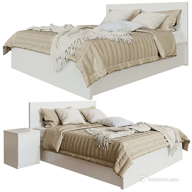 Double Bed with Beige Bedding White Headboard Decorative Blanket and Nightstand 3d model