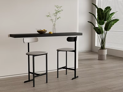 Modern Bar Stools with White Seats Black Frames in Interior Black Counter and Green Plants 3d model