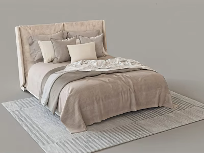 Modern Double Bed With Upholstered Headboard Multiple Pillows And Neutral Toned Bedding On Rug 3d model