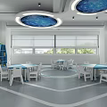 Kindergarten Interior with Leaf Shaped Ceiling Lights Cloud Decor Circular Seating and Green Grass Mats