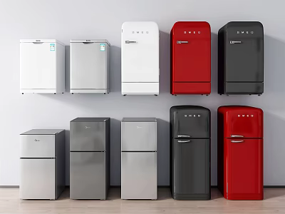 Various Colored Refrigerators And Freezers With Different Designs On 3d model