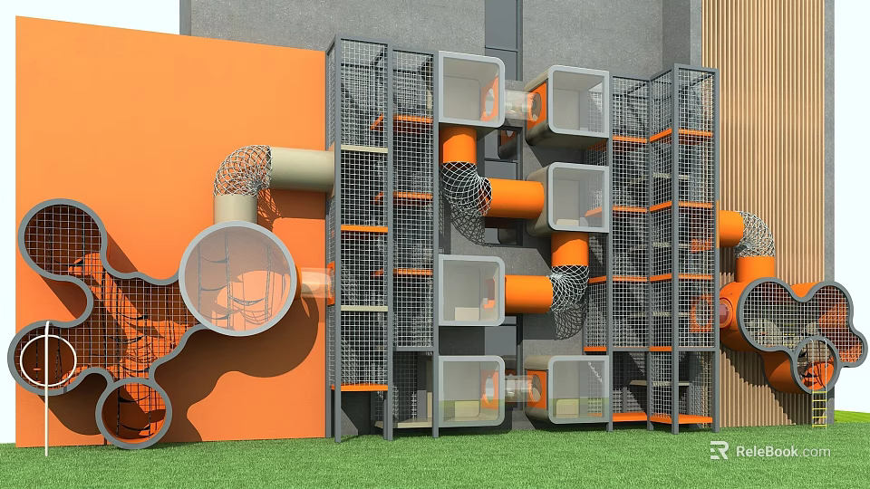 Colorful Modern Playground Equipment With Orange Gray Grid Cages Tubes Platforms And Circular Climbing Features 3d model 