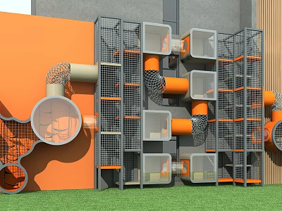 Colorful Modern Playground Equipment With Orange Gray Grid Cages Tubes Platforms And Circular Climbing Features 3d model