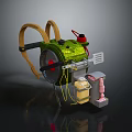 Green Equipment with Brown Shoulder Straps Red Component Yellow Container and Pink Part
