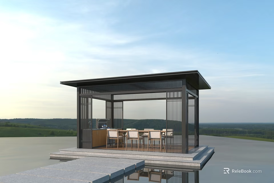 Modern Landscape Pavilion With Metal Frame Waterfront Seating And Scenic Reflection 3d model 
