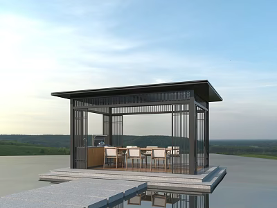Modern Landscape Pavilion With Metal Frame Waterfront Seating And Scenic Reflection 3d model