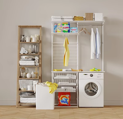 White Washing Machine in Organized Laundry Area With Wooden Shelf Laundry Detergent and Hanging Clothes 3d model