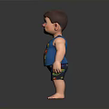 Child Wearing Blue Tank Top With Cartoon Graphic And Shorts Standing Barefoot On Dark Background