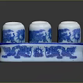 Blue And White Ceramic Seasoning Set With Three Bottles And Dragon Pattern Tray