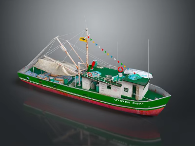 Wooden Oyster Fishing Boat With Green White Hull Red Bottom Colorful Flags And Nets 3d model