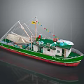 Wooden Oyster Fishing Boat With Green White Hull Red Bottom Colorful Flags And Nets