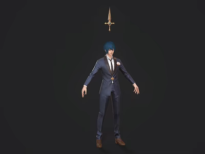 Game Movie Character With Blue Hair In Dark Blue Striped Suit And Golden Sword 3d model