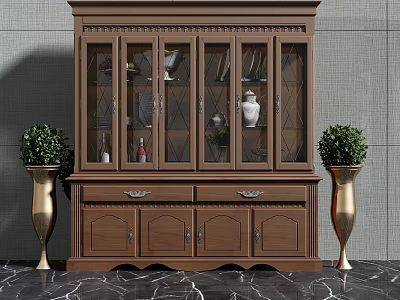 Classic Wooden Display Cabinet With Glass Doors Ornaments And Golden Plant Vases 3d model