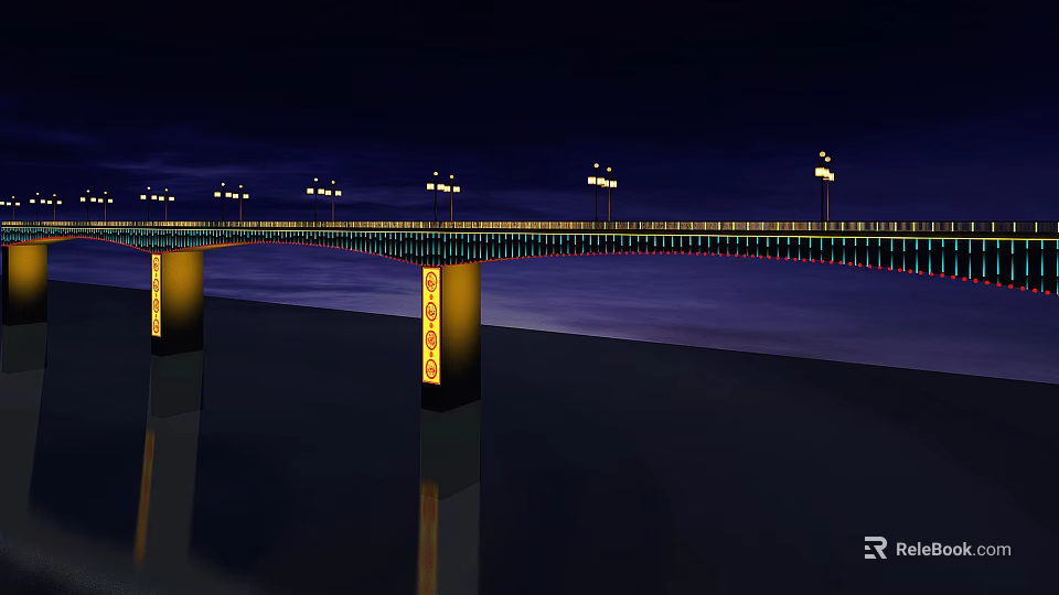 Illuminated Night Bridge with Lights Alongside Pillars Reflecting in Water 3d model