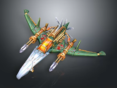 Futuristic Green And Gold Spacecraft With Wings And Engines In Cosmic Design 3d model