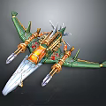Futuristic Green And Gold Spacecraft With Wings And Engines In Cosmic Design