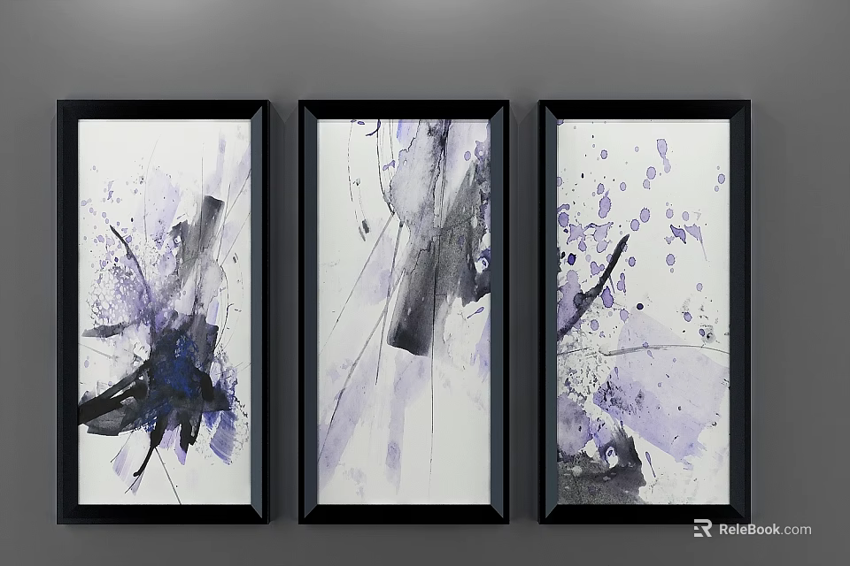 Shower Sauna Interior Decorated with Three Black Framed Abstract Purple Black Watercolor Artworks 3d model 