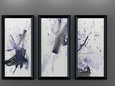 Shower Sauna Interior Decorated with Three Black Framed Abstract Purple Black Watercolor Artworks 3d model