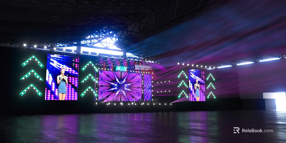 Live Stage Performance With Performer Purple Green Lights And Large Screen 3d model 