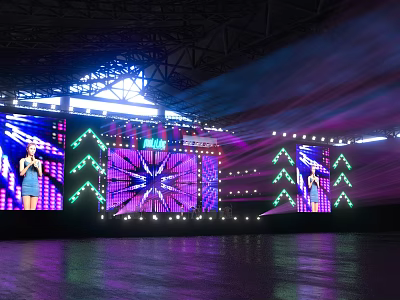 Live Stage Performance With Performer Purple Green Lights And Large Screen 3d model