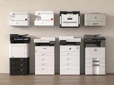 Modern Office Appliances Collection Featuring Various Multifunctional Printers And Copiers Arranged Neatly 3d model