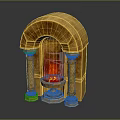 Traditional Arch Design Fireplace With Carved Stone Columns And Burning Flames