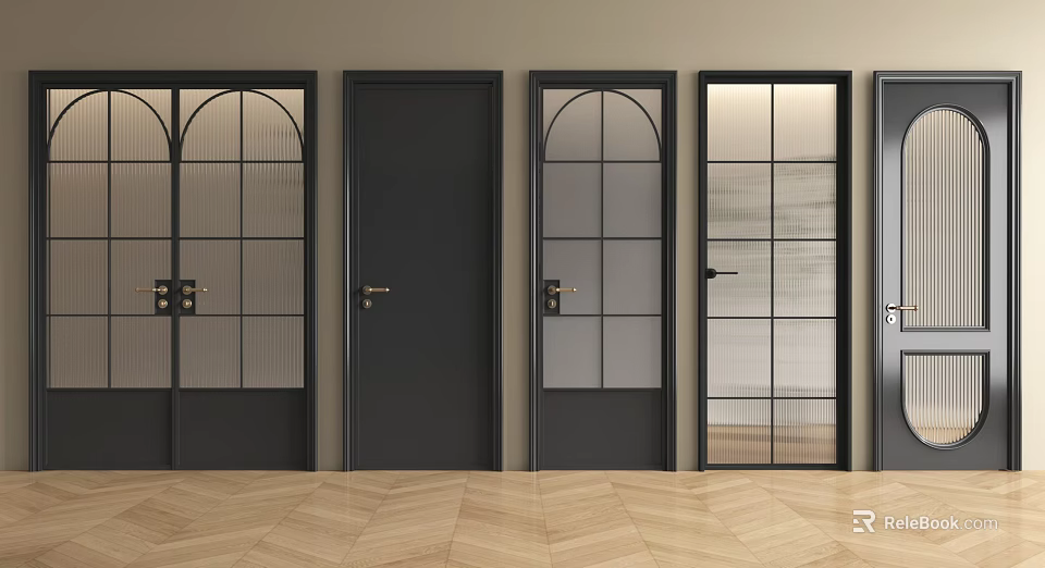 Modern Swing Doors With Various Designs Black Frames Glass Panels And Arched Tops 3d model 