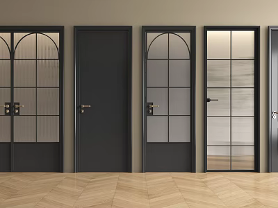 Modern Swing Doors With Various Designs Black Frames Glass Panels And Arched Tops 3d model