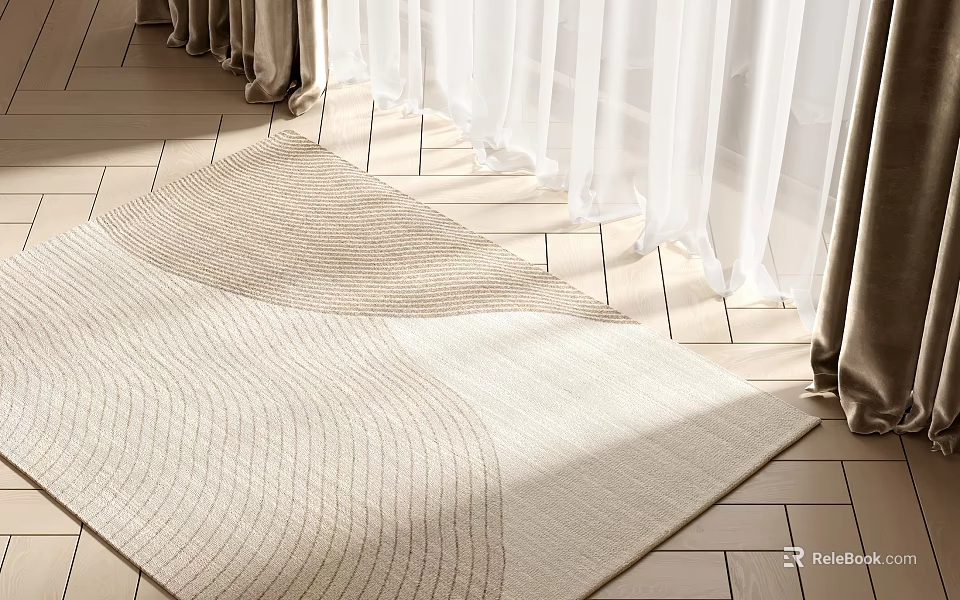 Light Beige Square Rug With Wavy Texture On Wooden Floor By White Curtains In Sunlight 3d model 
