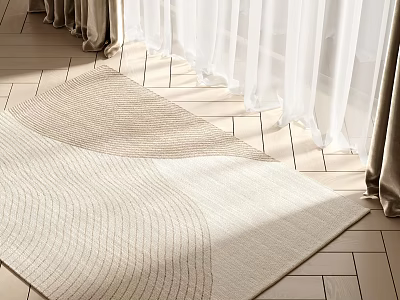 Light Beige Square Rug With Wavy Texture On Wooden Floor By White Curtains In Sunlight 3d model