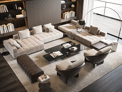 Modern Living Room Sofa and Coffee Table Set with Light Fabric Pillows Black Glass Top and Accent Chairs 3d model