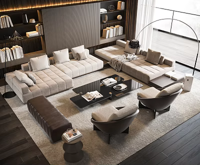 Modern Living Room Sofa and Coffee Table Set with Light Fabric Pillows Black Glass Top and Accent Chairs 3d model