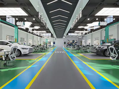 Modern Auto Dealership Showroom With Display Vehicles And Lighting Equipment 3d model