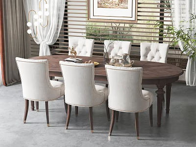 Modern Round Wooden Dining Table Set With Cream White Upholstered Chairs In Modern Dining Room 3d model