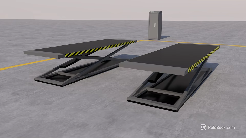 Industrial Hydraulic Scissor Lifts With Black Platforms And Yellow Black Warning Stripes And Control Box 3d model 