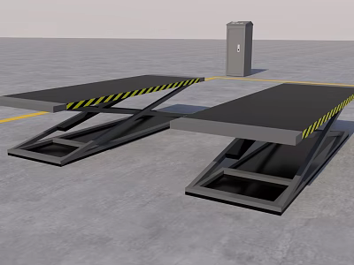 Industrial Hydraulic Scissor Lifts With Black Platforms And Yellow Black Warning Stripes And Control Box 3d model