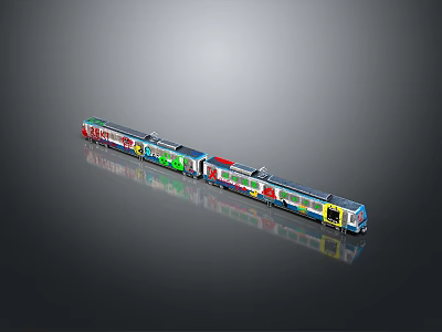 Colorful Modern Train With Multiple Carriages On Gray Background And Reflection 3d model