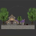 Cartoon Style Traditional Building Scene With Purple Roof Green Trees And Flower Beds